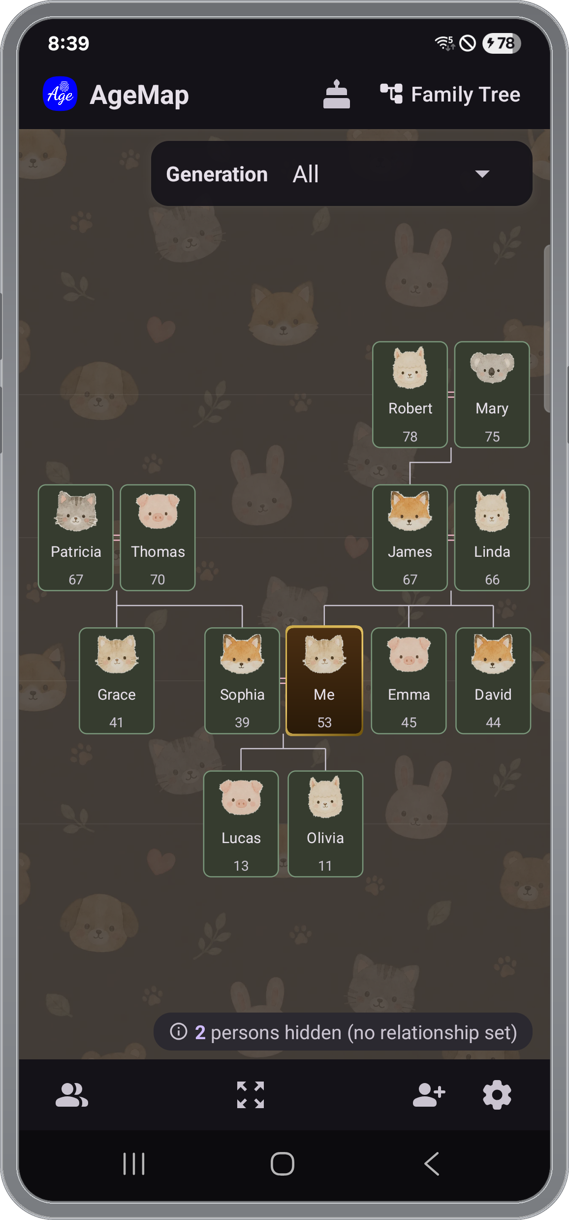 AgeMap family tree — generations laid out top to bottom