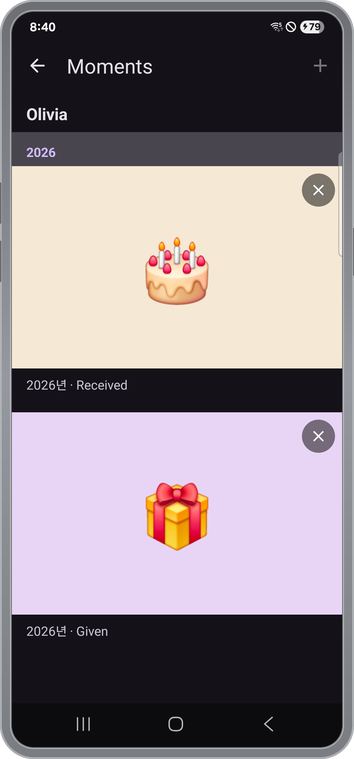Moments — gift records organized by year