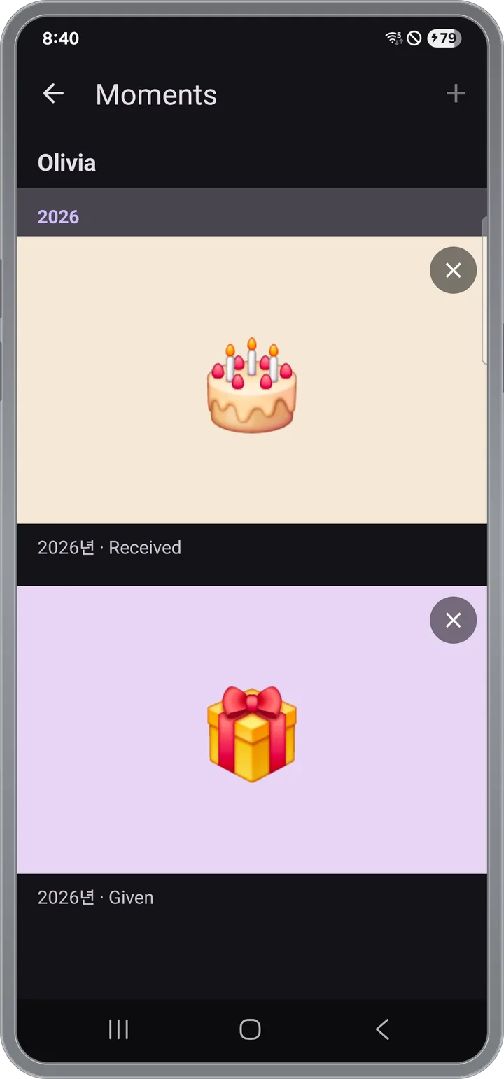Moments organized by year — gifts given and received
