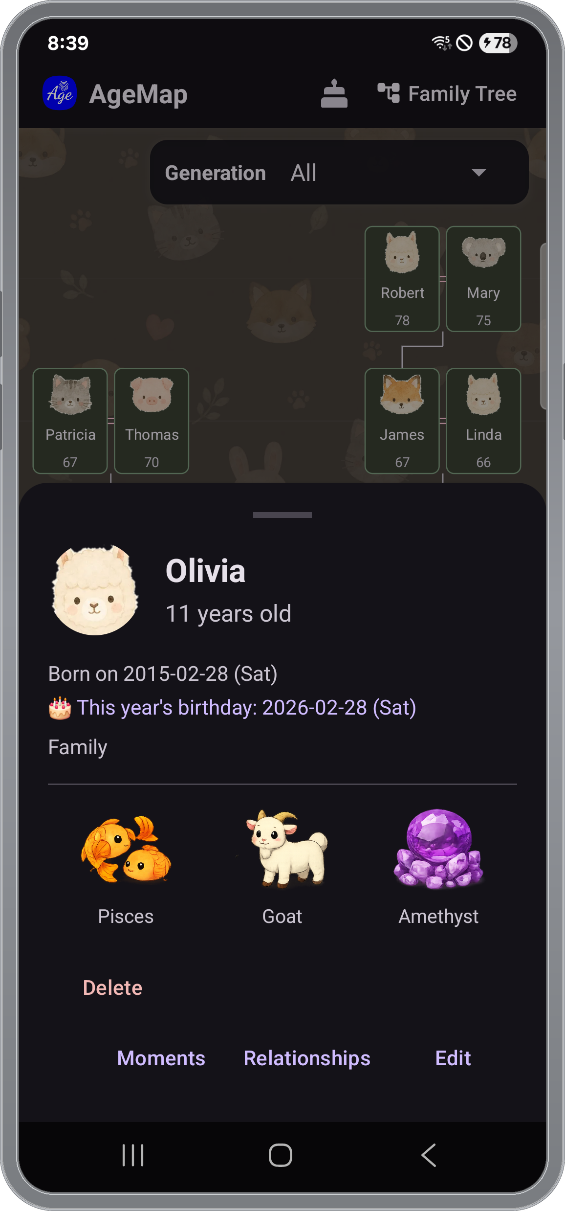 Person details — precise age, zodiac, birthstone, and oriental zodiac