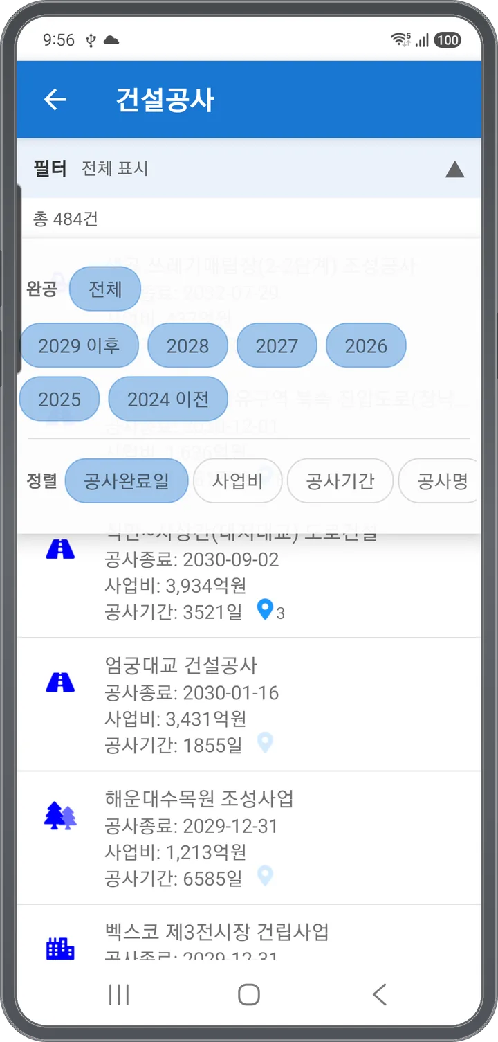 공사명·공사종료·사업비·공사기간이 표시된 부산 건설공사 리스트와 완공 연도 필터