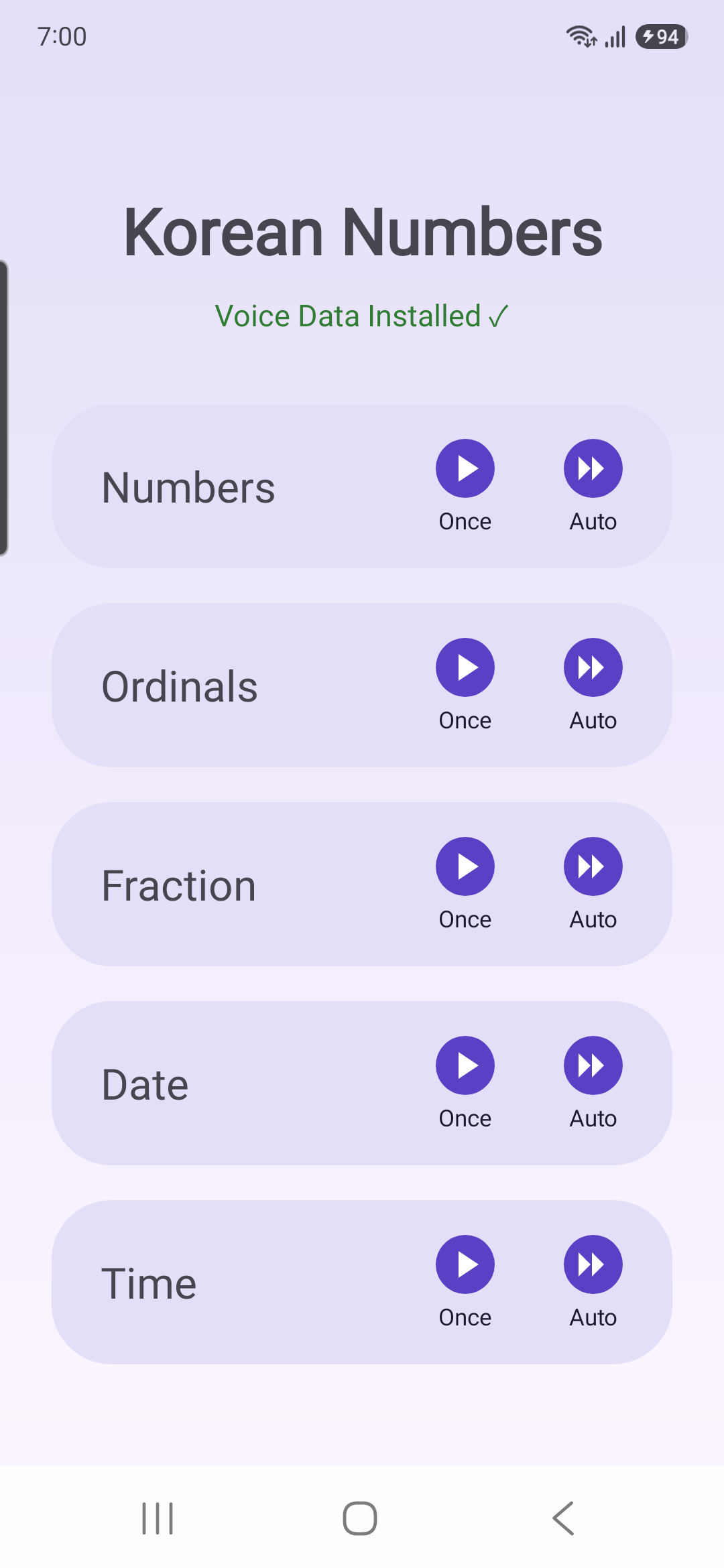 Home screen with Numbers, Ordinals, Fraction, Date and Time categories, each with Once and Auto buttons