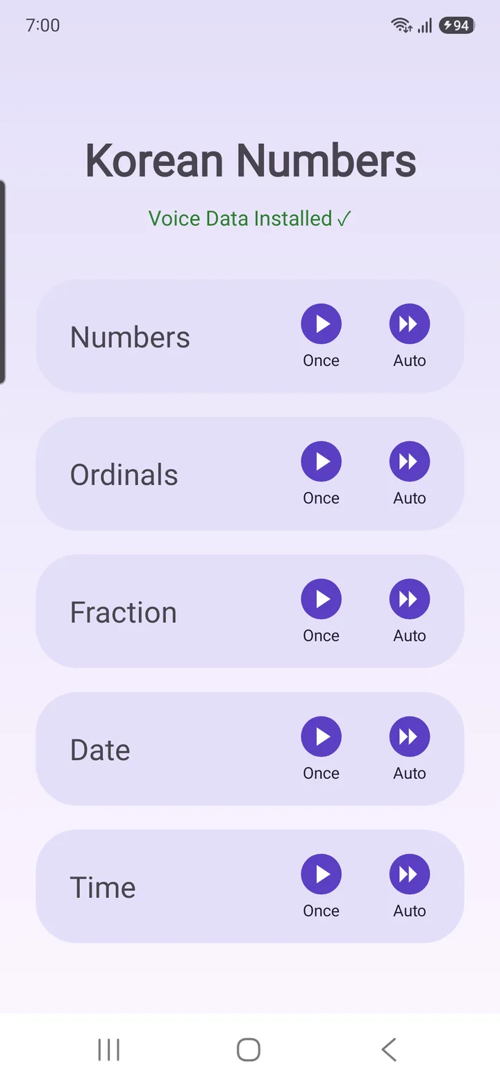 Home — five categories with Once and Auto buttons