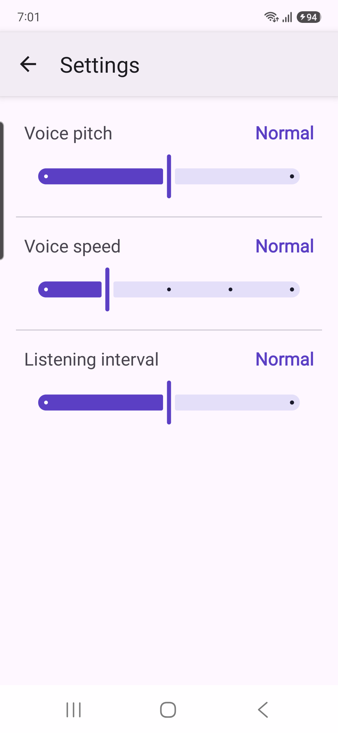 Settings screen with voice pitch, voice speed and listening interval sliders