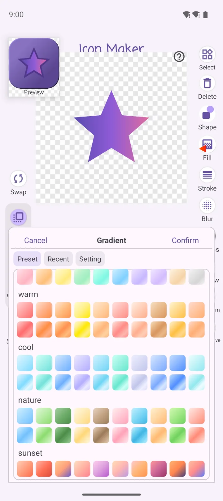 Fill — gradient preset palettes