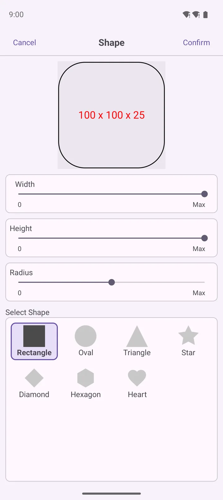 Shape — width, height, radius sliders and shape picker