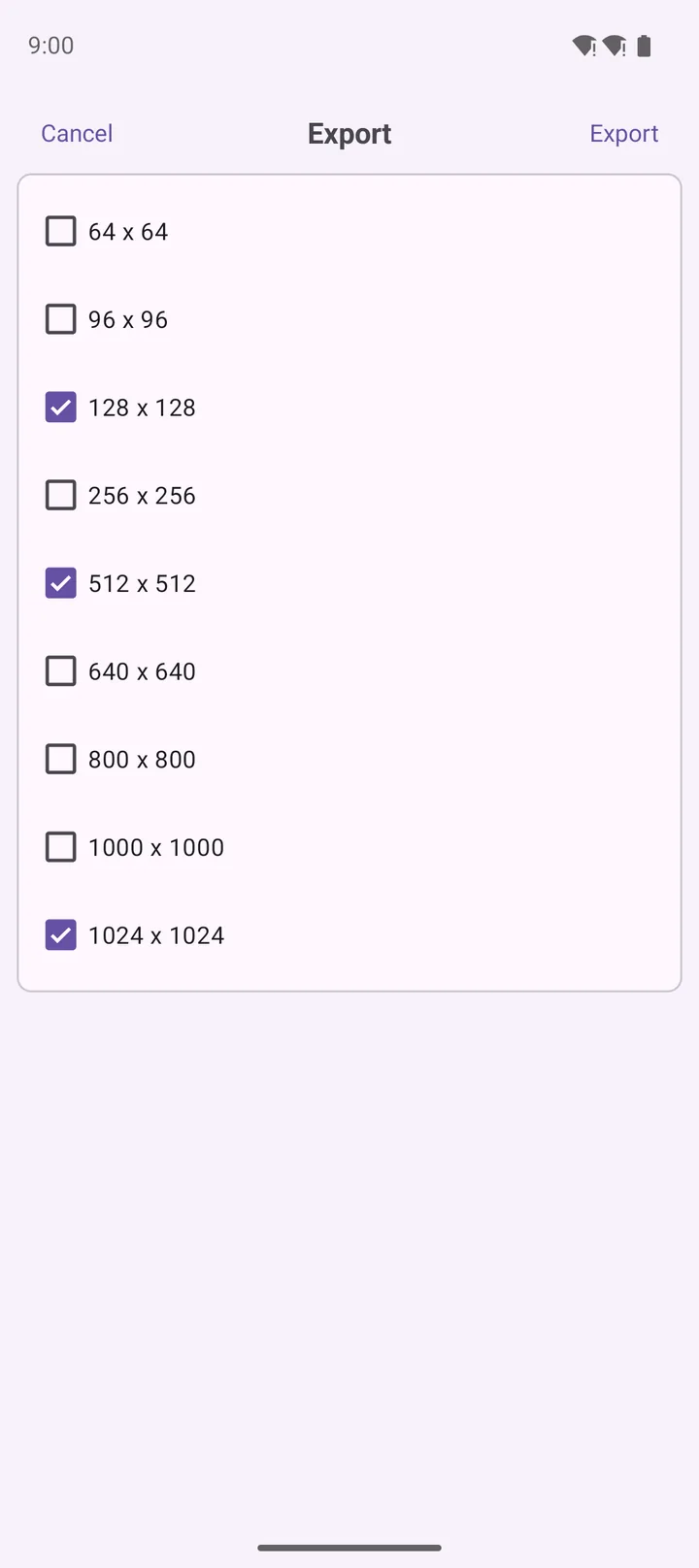 Export — size checklist from 64 to 1024