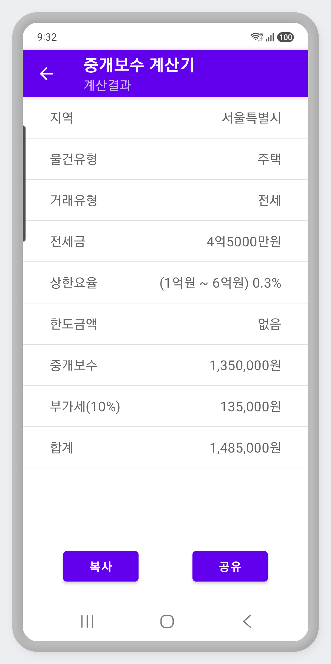 지역·물건유형·거래유형·상한요율·한도금액·중개보수·부가세·합계가 정리된 계산 결과 화면