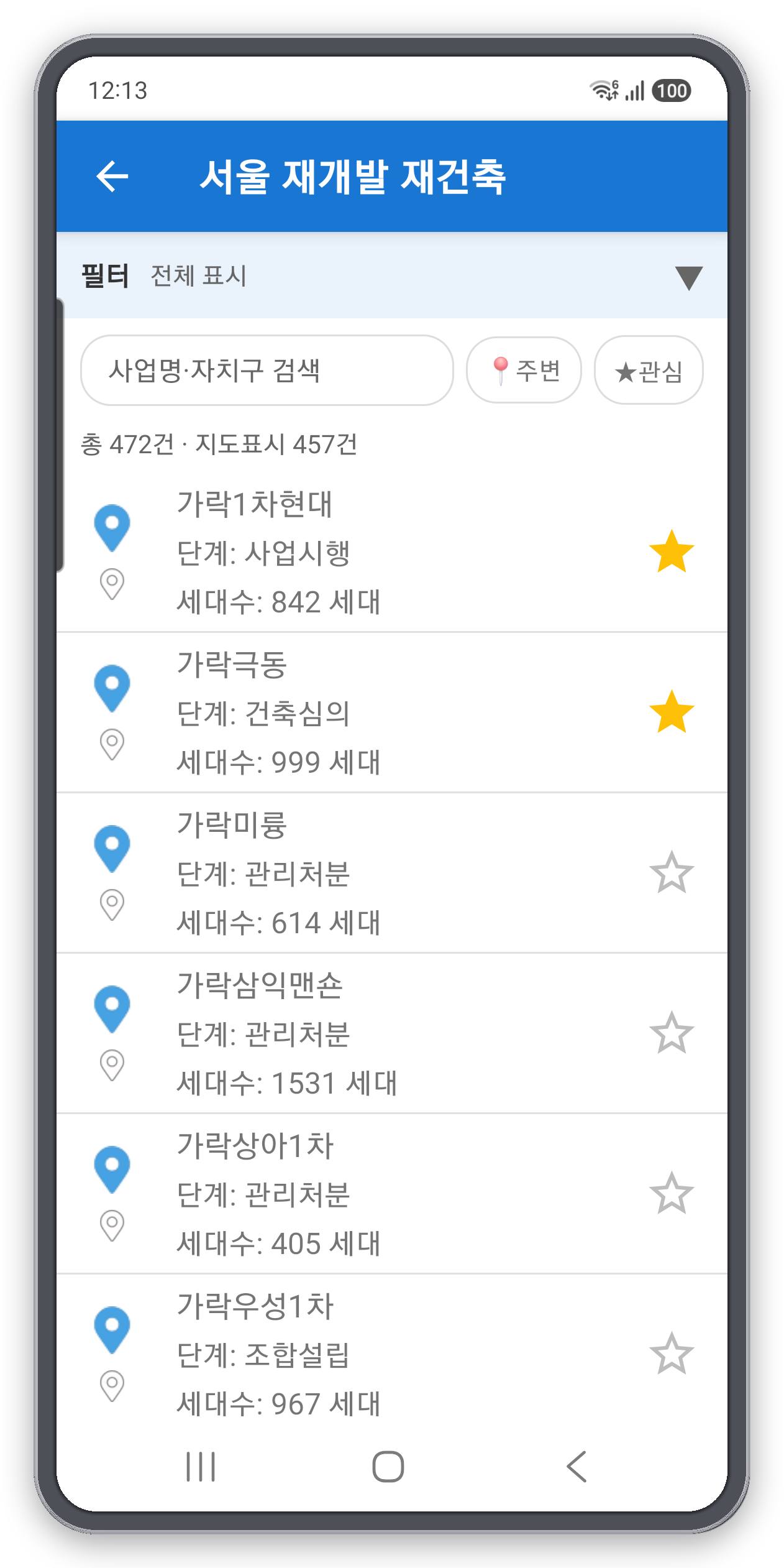 사업명·단계·세대수가 표시되고 관심 별표·주변 검색이 있는 서울 재개발·재건축 리스트