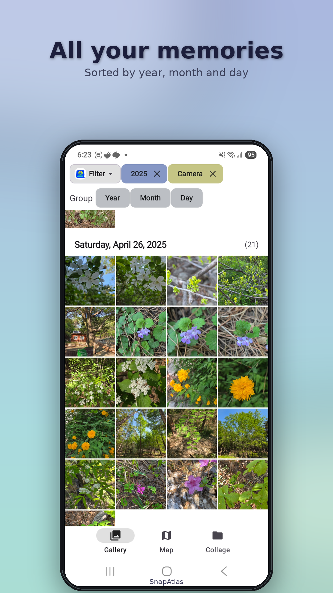 SnapAtlas gallery with pinch-zoom and multi-dimensional filters