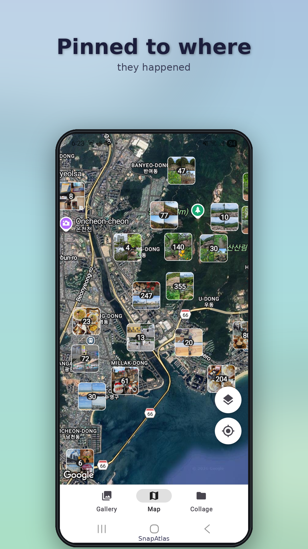 SnapAtlas map with photo location clusters