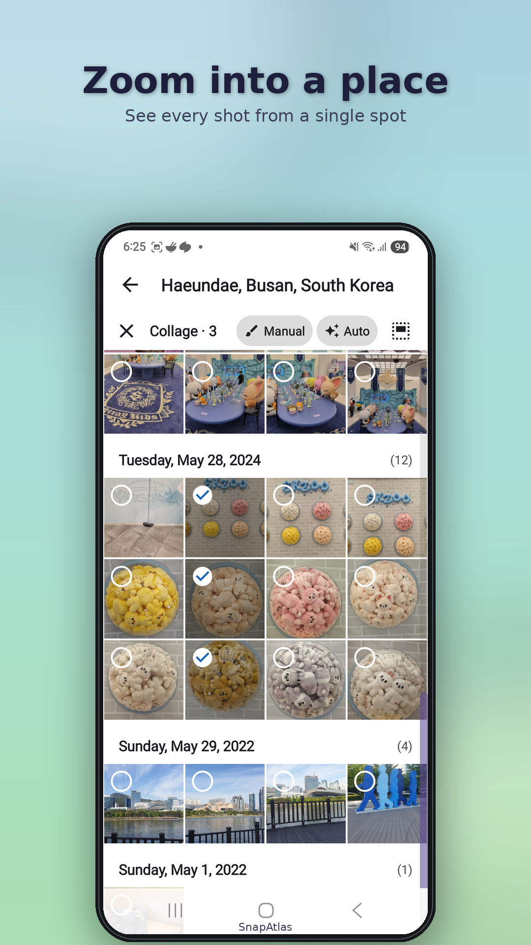 Tap a cluster to see every photo taken at that spot