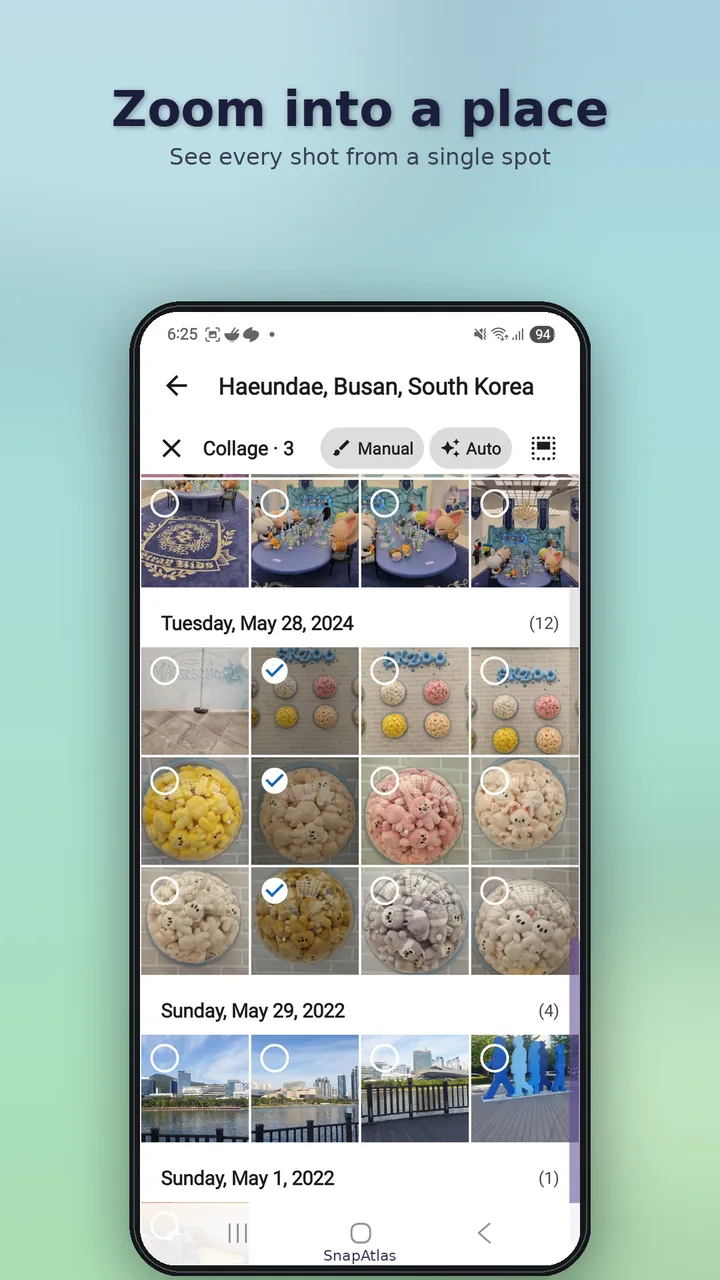 Tap a cluster to see that place as a grid