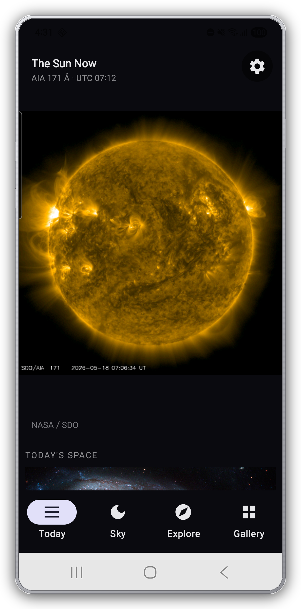 Today tab — SDO live Sun + Today's Space + four tabs