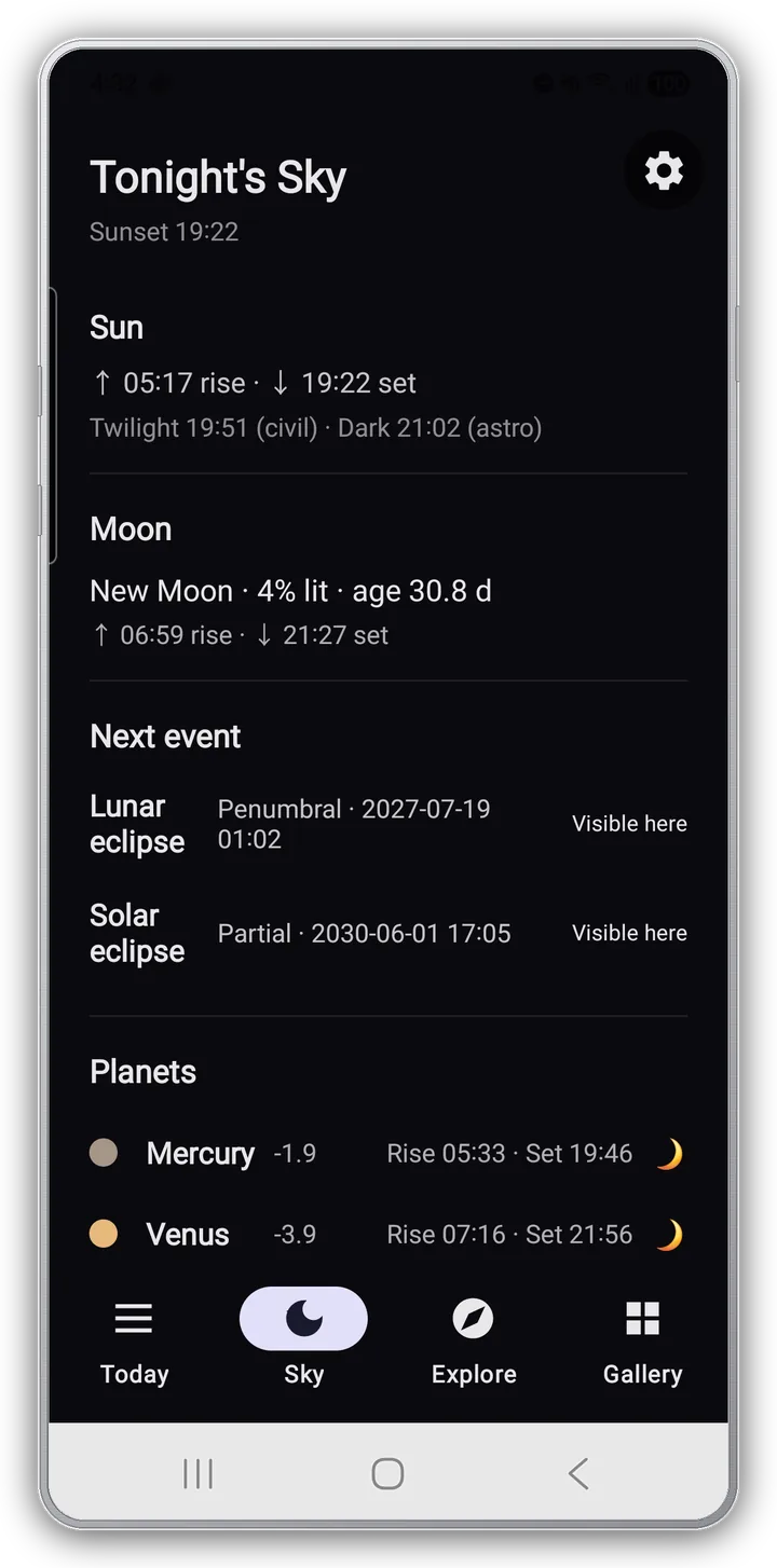 Tonight's Sky — sun rise/set, Moon, next eclipses, planet rise/set