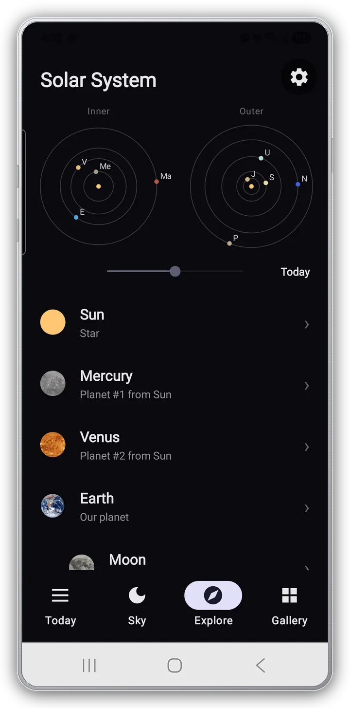 Solar System Explore — inner / outer concentric maps with a time slider