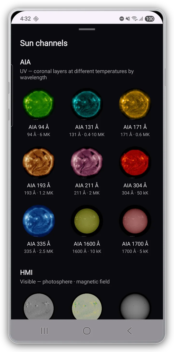 Sun channel picker — AIA / HMI / Composite groups