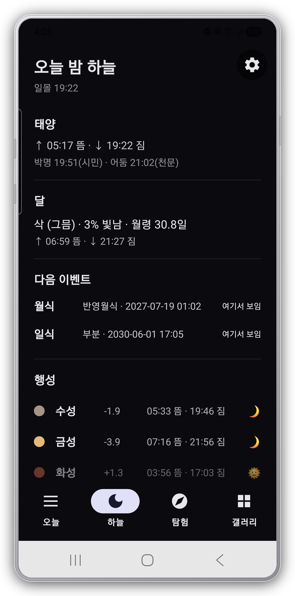 오늘 밤 하늘 — 일출몰, 달, 다음 일·월식, 행성 출몰