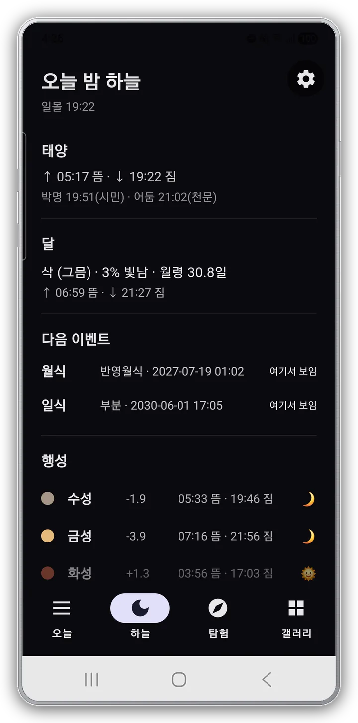 오늘 밤 하늘 — 일출몰, 달, 다음 일·월식, 행성 출몰