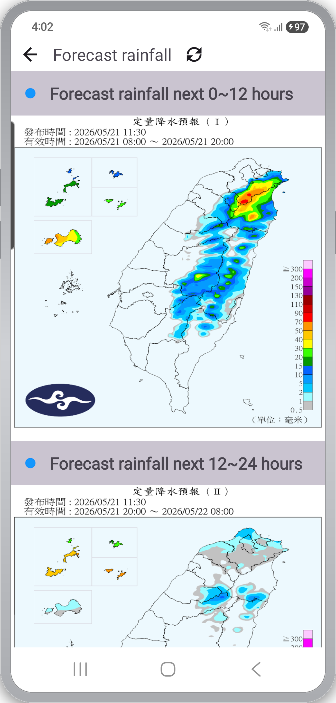 정량강수예보 — 0~12시간 / 12~24시간 두 구간 비교