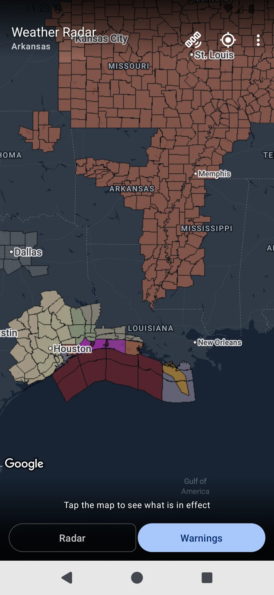 Warnings mode — National Weather Service watch and warning polygons across the Mississippi valley