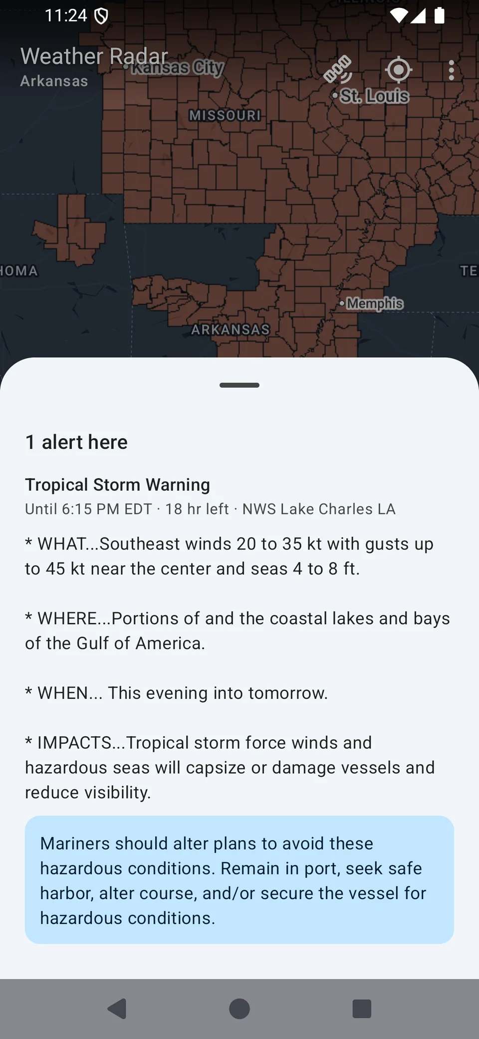 Alert detail sheet — Tropical Storm Warning with what, where, when and safety instructions