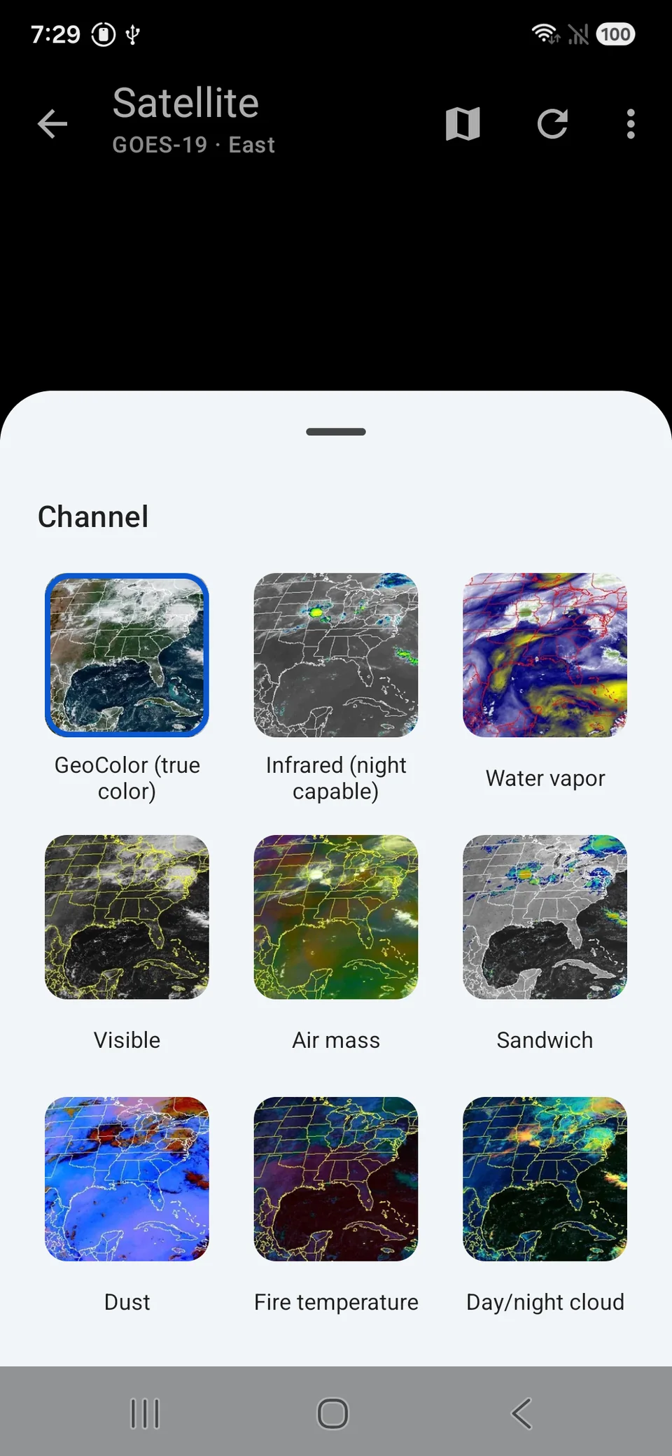 Channel picker — GeoColor, infrared, water vapor, visible, air mass, sandwich, dust, fire temperature, day/night cloud