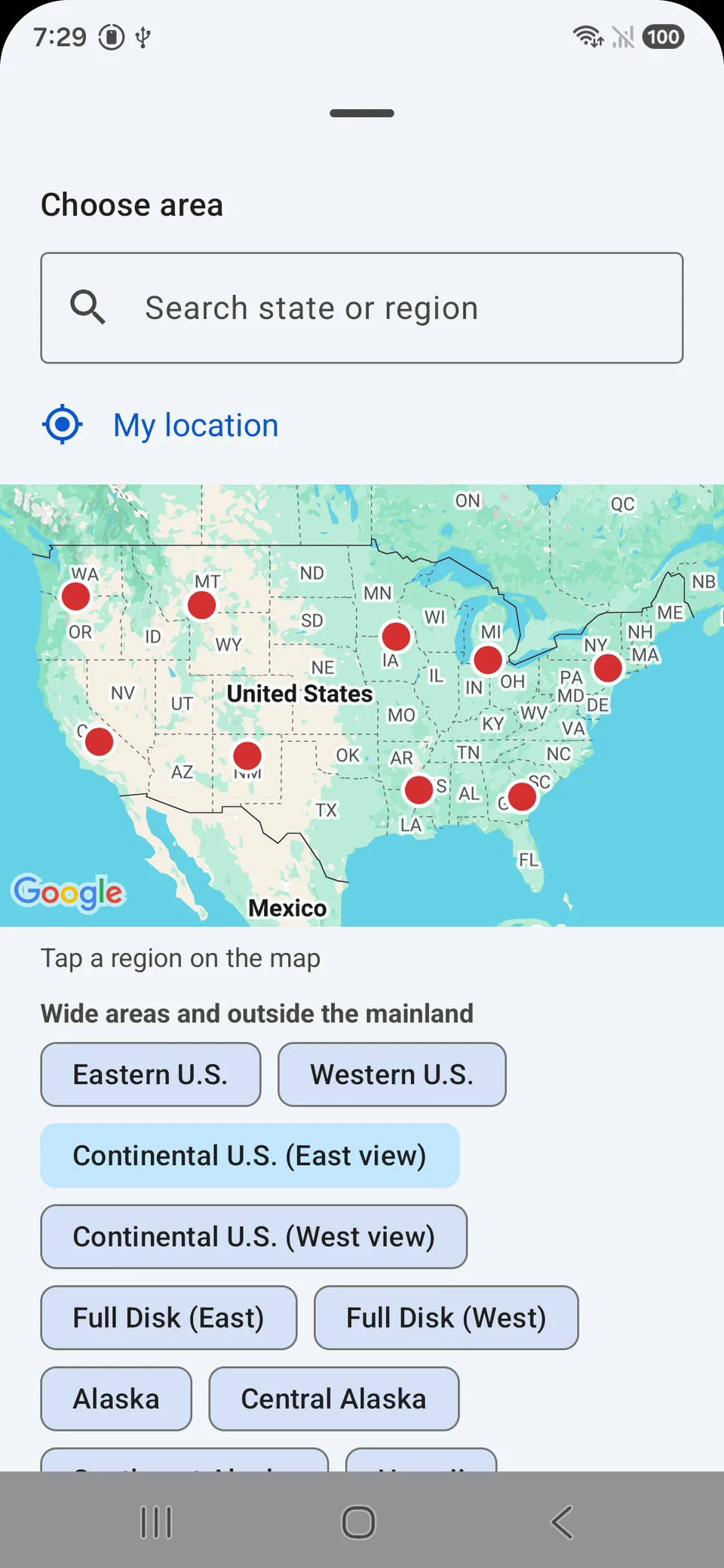 Region picker — search by state, my location, and a map of available sectors